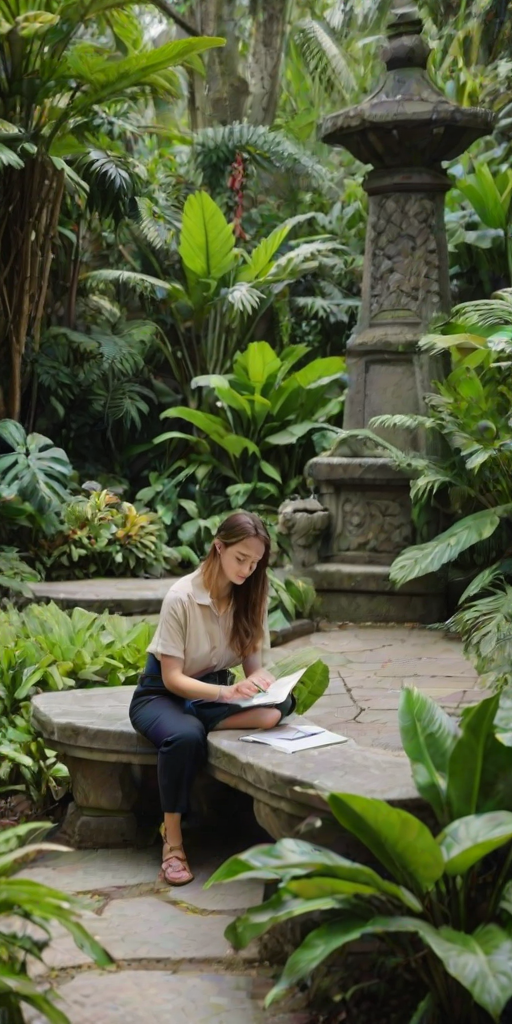 Quiet corner of a botanical garden, with tropical plants surrounding a stone bench, a woman sits with a notebook, sketching the lush greenery.