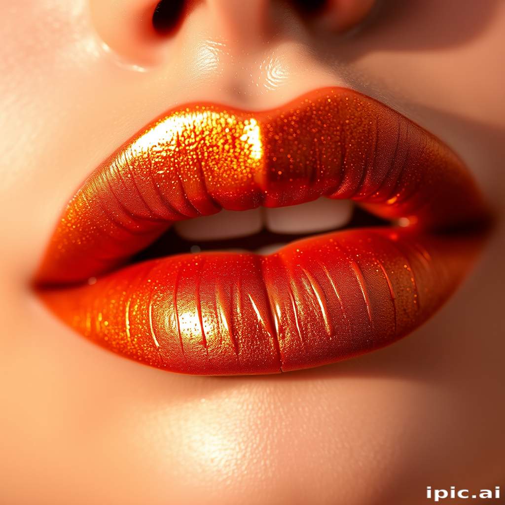 Shimmering bronze lips with a metallic finish, named "Sun-Kissed Glow," featuring warm undertones and a luxurious, molten metal appearance
