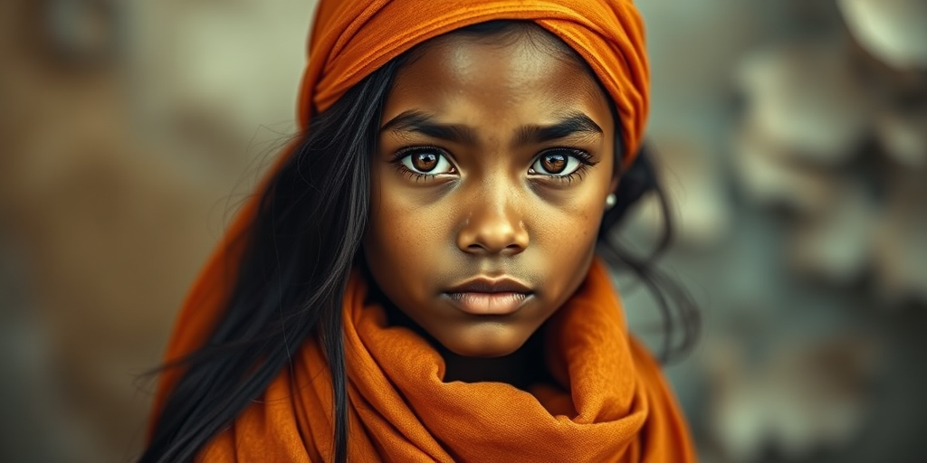 Create a portrait of a young Taino female with long, dark hair and captivating hazel eyes. She is wearing a orange headscarf and a matching scarf draped gracefully around her neck. The background is softly blurred, focusing attention on her serene and natural expression. The overall color palette is muted and warm, enhancing the intimate and authentic feel of the portrait.