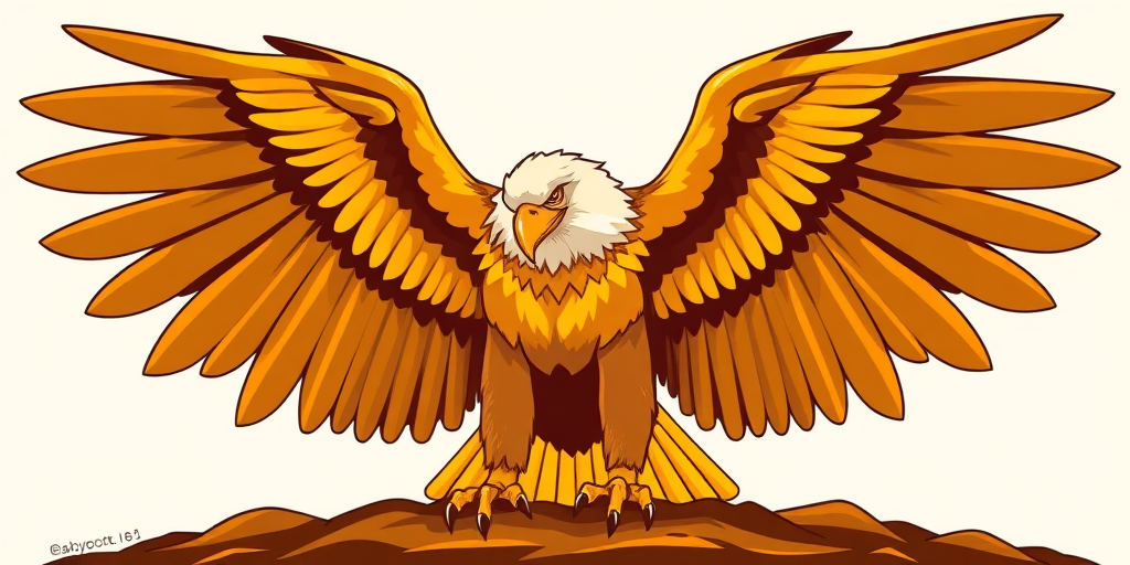 Create a bold and stylized illustration of a golden eagle with outstretched wings, using a vibrant color palette of warm golds and browns, captured in a high-resolution format with a DSLR camera set to f/2.8, ISO 100, shutter speed 1/500s, taken from a low angle to emphasize the majestic wingspan and detail of the feathers.