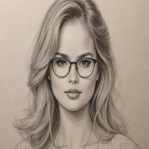 Stunning Debby Ryan, pencil sketch, portrait of Graceful woman 1980s in glasses, hair style beatnik, outline, clear lines, fine lines, 8k