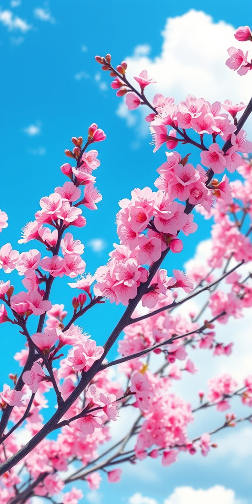 Create a vibrant illustration of cherry blossom branches with pink flowers against a bright blue sky with fluffy white clouds, using a wide-angle lens, f/8 aperture, ISO 100, 35mm camera type, and a soft focus style for enhanced depth and clarity.