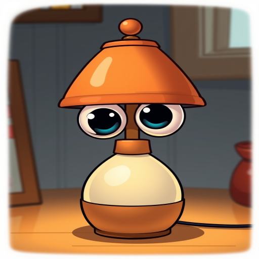 generate a cartoon-style illustration of a quirky lamp with a rounded base and two large eyes, using a Canon EOS 5D Mark IV, 50mm lens, f/1.8 aperture, 1/200s shutter speed, with soft diffused lighting to enhance details and color vibrancy.