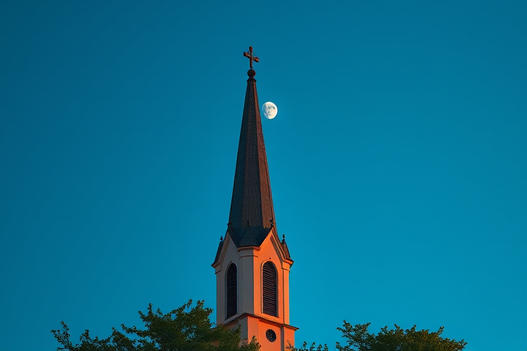 A high-resolution image of a church steeple with the moon in a clear blue sky, shot with a Canon EOS 5D Mark IV, 50mm lens, f/8, ISO 100, at sunset with soft lighting and a slight golden hour glow.