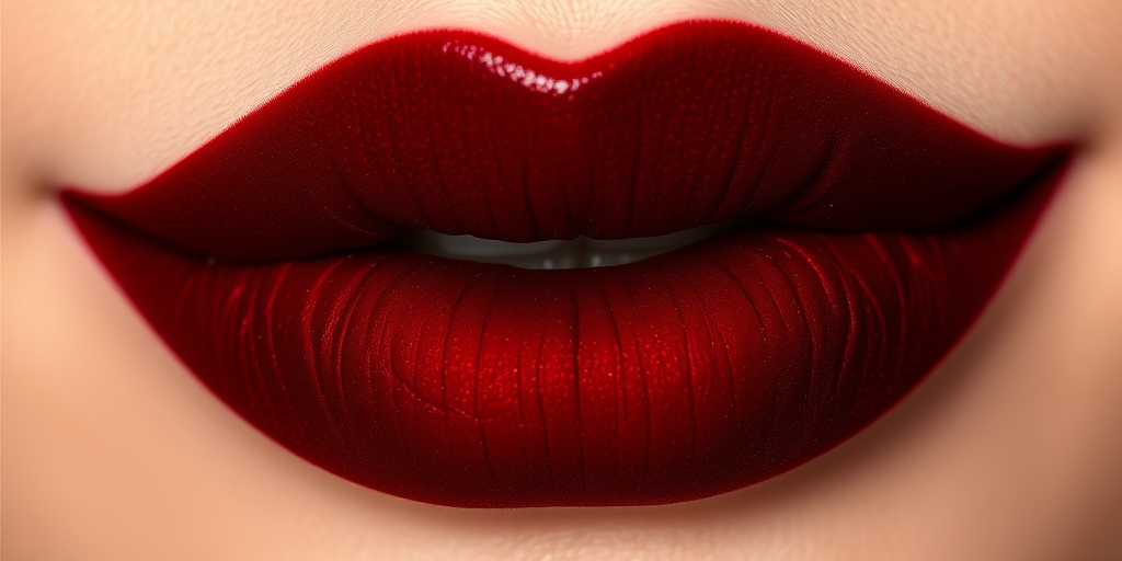 Deep burgundy velvet lips with a rich, velvety texture, featuring sharp, defined edges and a dramatic, sultry appearance for evening glamour