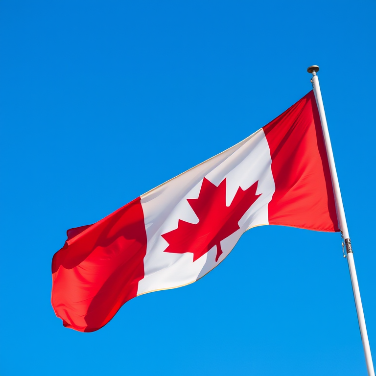Create a high-resolution image of a Canadian flag waving gently in the wind against a clear blue sky, shot with a DSLR camera at f/8 aperture, ISO 100, 1/250 sec shutter speed, using a wide-angle lens from a low angle to emphasize the flag's features and colors.