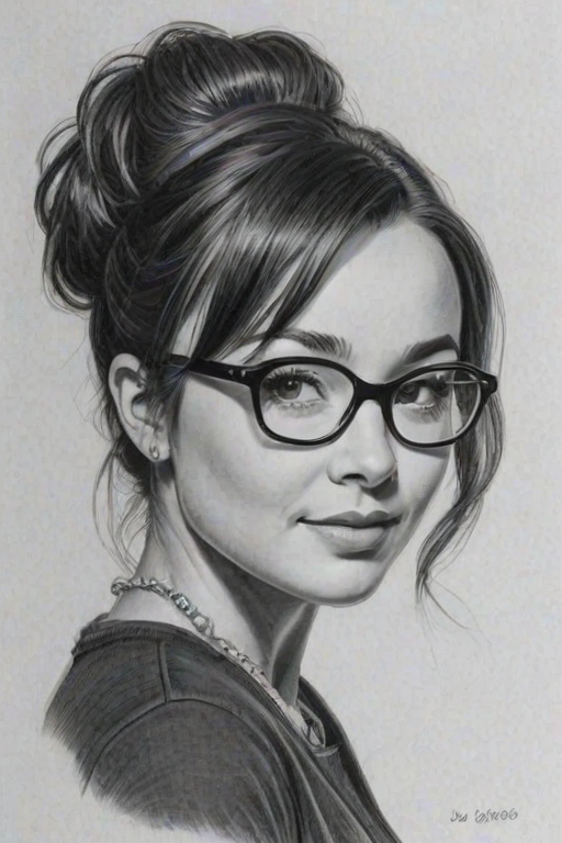Lovely Danielle Harris, pencil sketch, portrait of Splendid woman 1955s in glasses, hair style beatnik, outline, clear lines, fine lines, 8k