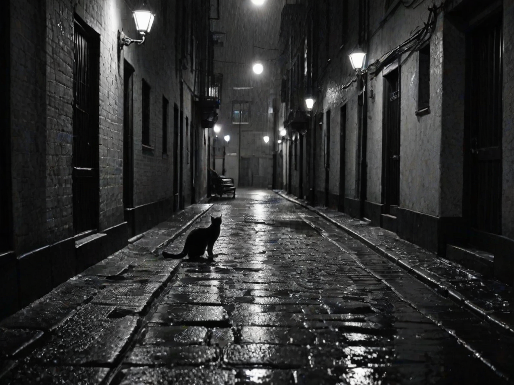 High-contrast black-and-white image of a deserted alleyway in the rain, with a single streetlamp illuminating wet cobblestones, and a stray cat dashing through the shadows.