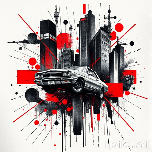 Trash polka tattoo called "Urban Chaos" combining realistic black and grey elements with bold red accents and abstract shapes, creating a dynamic and edgy composition with a grungy aesthetic