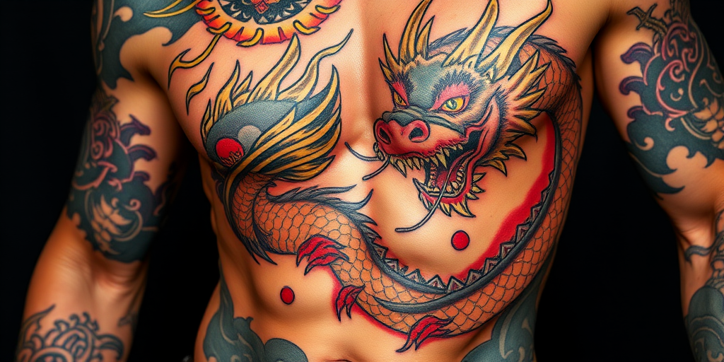 Powerful body tattoo portraying a fierce dragon winding around the torso, executed in a traditional Japanese style with bold colors and dynamic shading