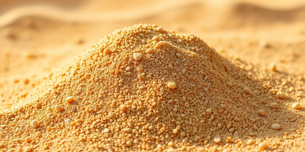 Create an image of a mound of golden sand scattered with small pebbles and grains, shot with a DSLR camera at f/8 aperture, ISO 100, 50mm lens, natural lighting, with a shallow depth of field for a soft background effect.