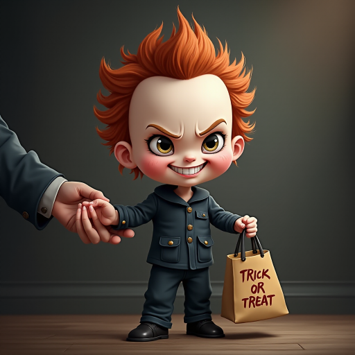 A whimsical caricature of a child version of Michael Myers, grinning mischievously. He is held by the hand of an unrecognizable person (only their hand visible), while holding a bag labeled 'Trick or Treat.' His facial expression is playful yet slightly menacing, reflecting his iconic figure. The scene is in portrait format with a Halloween theme, featuring exaggerated cartoon details like big eyes, a small body, and a creepy yet light-hearted tone.