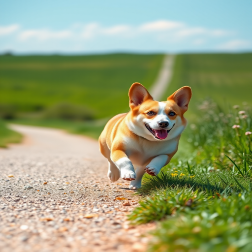 generate a high-resolution image of a corgi running on a pathway in a bright green landscape with a blue sky, using a DSLR camera, 50mm lens, aperture f/2.8, shutter speed 1/1000s, ISO 200, natural lighting, wide angle view to capture the full scene.