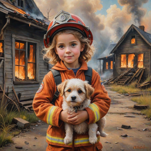 airbrushed oil painting, pixar style, cute little girl in fireman gear, helmet, tousled hair, expressive eyes, standing in the doorstep of a cottage burning behind him, holding a cute little dog in her arm, atumn sky