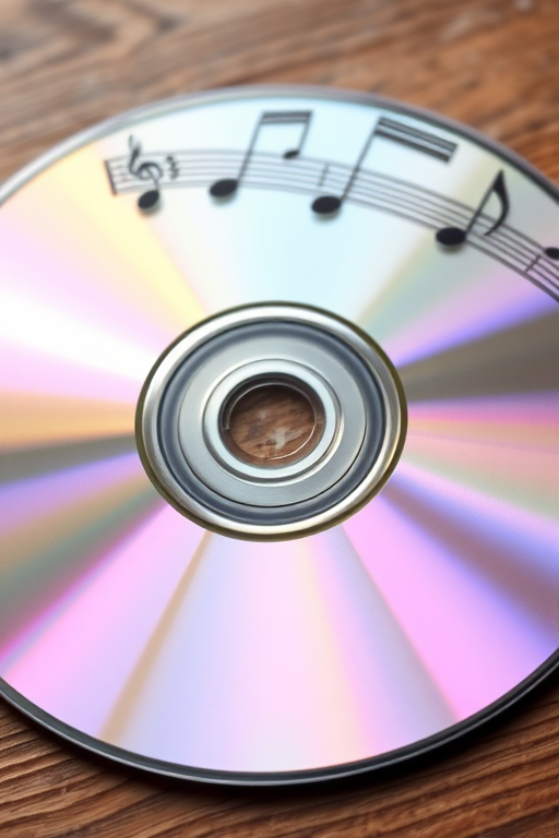 Create a high-resolution image of a CD with a reflective surface and musical notes above it, shot with a DSLR camera, 50mm lens, f/1.8 aperture, ISO 100, and soft natural lighting to enhance clarity and color vibrancy.