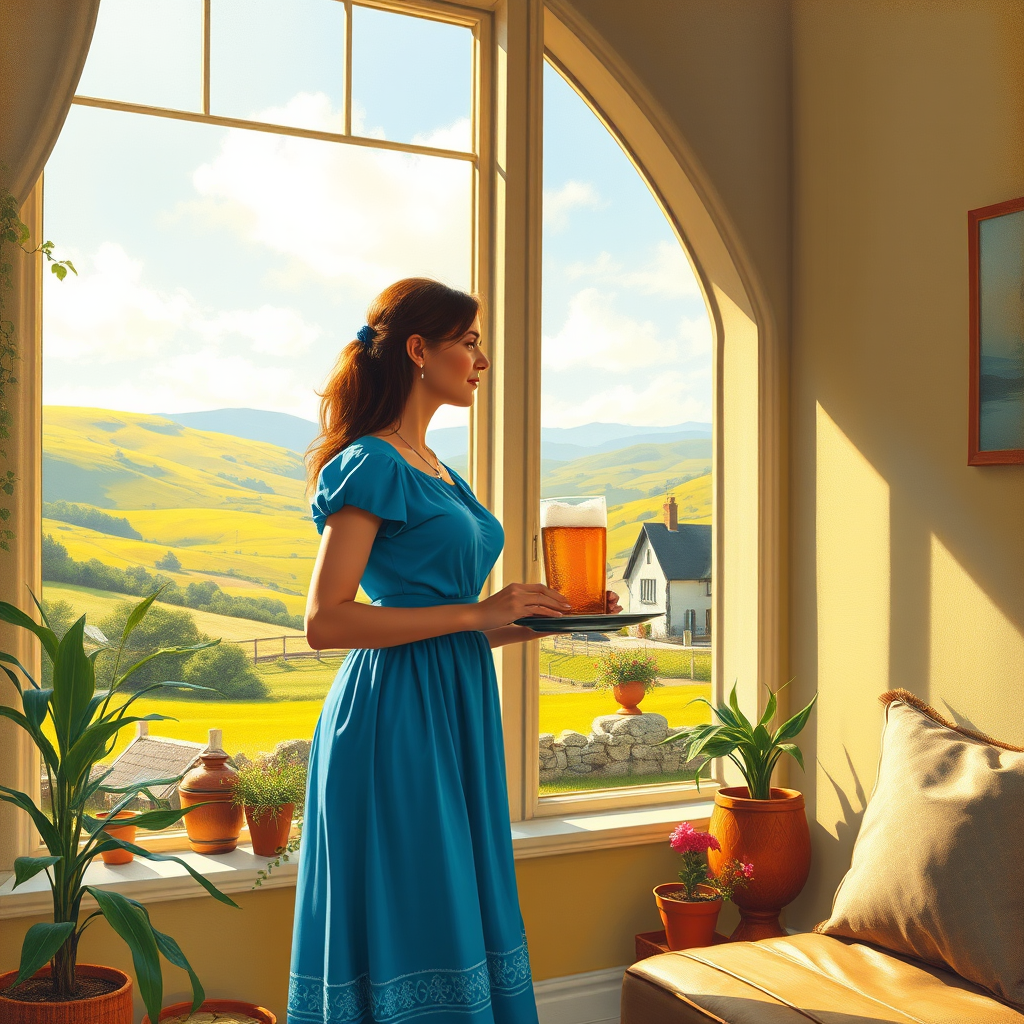 In "A Glass of Beer on the Highland," a serene scene is depicted in a sunlit room where a woman in a vibrant blue dress stands by a large window. She holds a tray with a hearty meal and a frothy glass of beer, embodying a moment of relaxation. Outside, the breathtaking highland landscape features rolling green hills and a charming traditional house, all bathed in warm afternoon light. The interior is adorned with potted plants, creating a harmonious blend of comfort and nature. The painting beautifully captures the tranquility and joy found in simple pleasures amidst stunning scenery