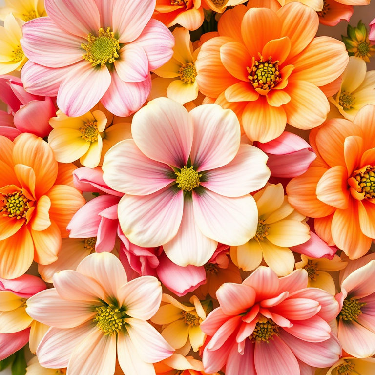 Generate a vibrant floral pattern with soft, watercolor-style flowers in shades of pink, orange, and green, using a macro lens at f/2.8 for a shallow depth of field, shot from an overhead angle, using a digital DSLR camera.