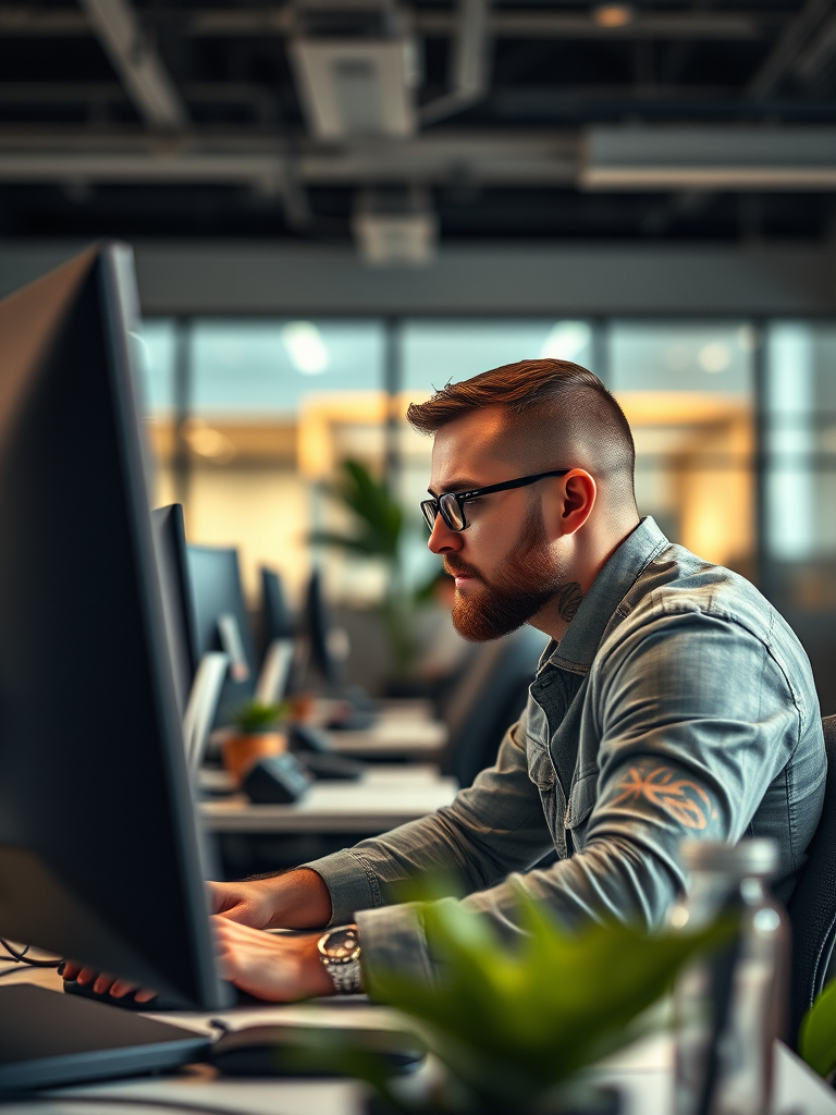 A focused man with tattoos coding at computers in a modern office with soft lighting, captured with a Canon EOS R5, 50mm lens, aperture f/1.8, ISO 200, shot in HDR style from a side angle to highlight the workspace ambiance.