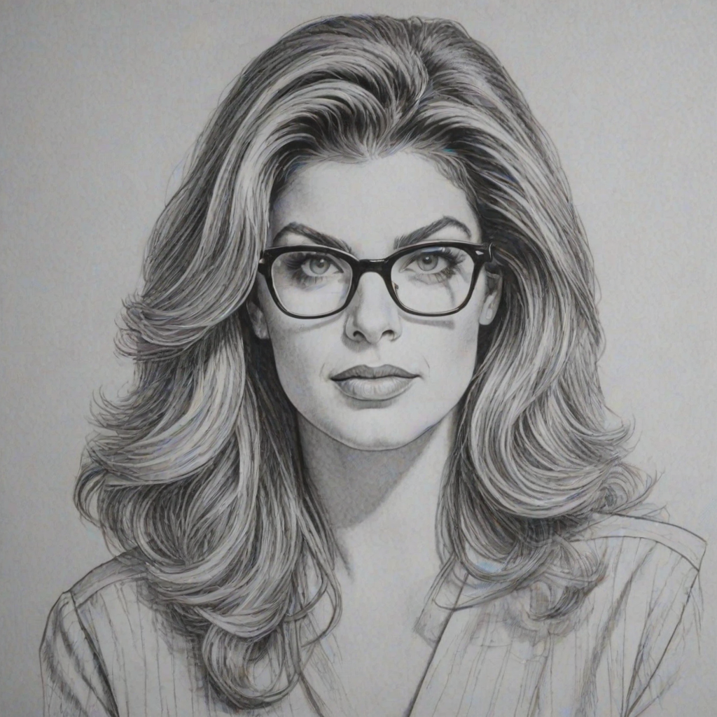 Resplendent Kirstie Alley, pencil sketch, portrait of Lovely woman 1980s in glasses, hair style beatnik, outline, clear lines, fine lines, 8k