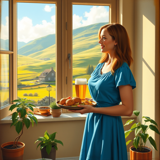 In "A Glass of Beer on the Highland," a serene scene is depicted in a sunlit room where a woman in a vibrant blue dress stands by a large window. She holds a tray with a hearty meal and a frothy glass of beer, embodying a moment of relaxation. Outside, the breathtaking highland landscape features rolling green hills and a charming traditional house, all bathed in warm afternoon light. The interior is adorned with potted plants, creating a harmonious blend of comfort and nature. The painting beautifully captures the tranquility and joy found in simple pleasures amidst stunning scenery