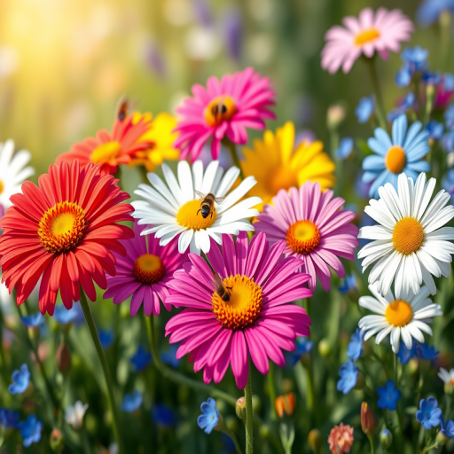generate a vibrant illustration of colorful flowers including daisies and blue flowers with bees buzzing around, use a DSLR camera with a 50mm lens, f/2.8 aperture, ISO 100, shot in bright natural light from a slightly low angle for depth and clarity, focus on the foreground flowers with a soft blurred background to enhance detail and depth.