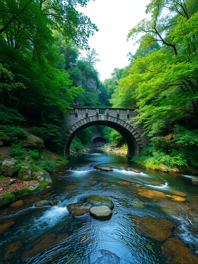 Regenerate the image of a stone bridge over a river surrounded by lush greenery, using a Canon EOS R5, aperture f/8, shutter speed 1/200s, ISO 100, 24mm lens, with a wide-angle view and natural lighting for enhanced clarity and detail.