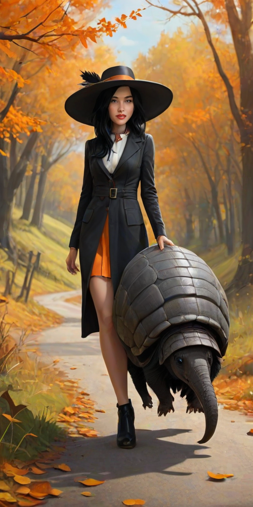digital art fantasy depicting a strange girl with black hair, long eyelashes, orange lipstick and a tall hat walking along a winding road on an autumn afternoon, an armadillo smiles as he passes
