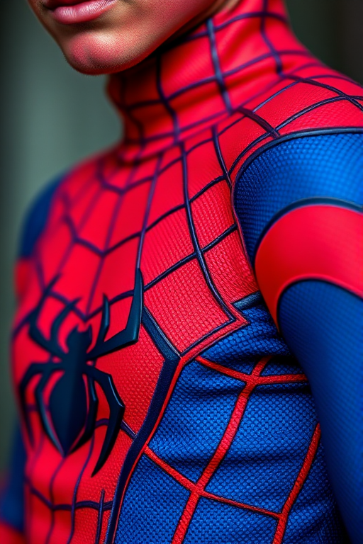 Create a close-up image of a person in a detailed Spider-Man costume showcasing vibrant red and blue colors with sharp web patterns, high-resolution, f/2.8 aperture for a shallow depth of field, ISO 100 for clarity, portrait orientation, shot with a DSLR camera using a macro lens to enhance the texture of the costume.