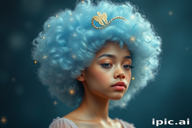 Ethereal periwinkle blue hair styled in a cloud-like afro adorned with twinkling fairy lights, embodying whimsical dreamscape vibes called Celestial Halo