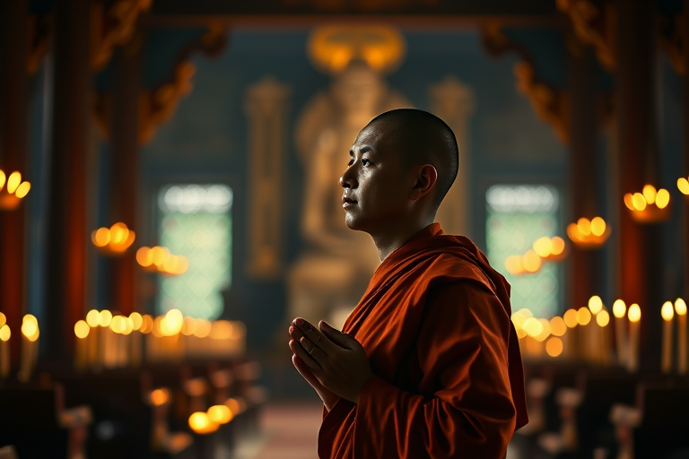 A serene monk in orange robes praying in a dimly lit temple surrounded by glowing candles, soft bokeh background, shot with a Canon EOS R5 at f/1.8, ISO 100, 85mm lens, natural soft light for a warm atmosphere.