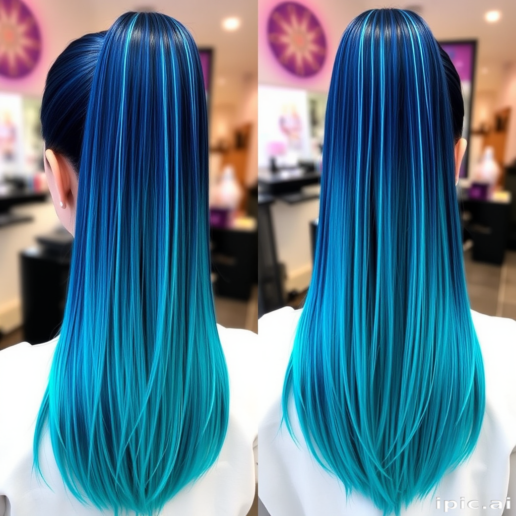 Midnight blue to turquoise gradient, styled in a sleek, high ponytail by "Galactic Glam" hair experts, showcasing a smooth, polished finish with holographic strips woven throughout, creating an otherworldly effect that shimmers and shifts with every movement.