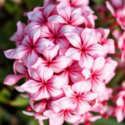 regenerate a vibrant image of a cluster of pastel pink flowers with white accents, shot with a macro lens at f/2.8, 1/200s shutter speed, ISO 100, natural light, top-down view, DSLR camera for enhanced detail and clarity