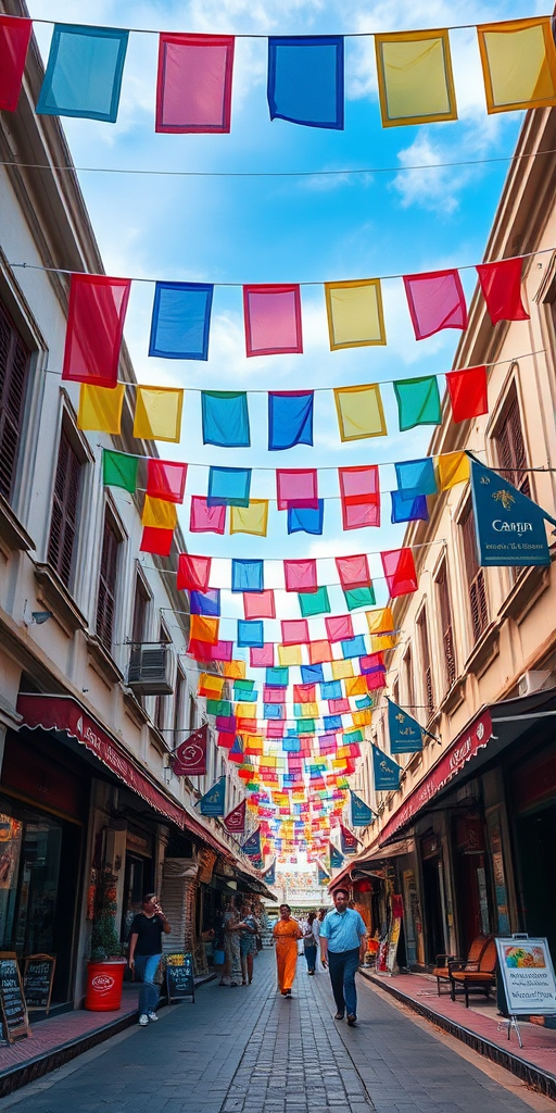 Create a vibrant street scene during the day with colorful flags overhead, incorporating shops and pedestrians, using a Canon EOS R5 with a 24mm f/1.4 lens, ISO 200, aperture f/8, shutter speed 1/250 sec, shot from a low angle to capture the depth of the street and the sky.