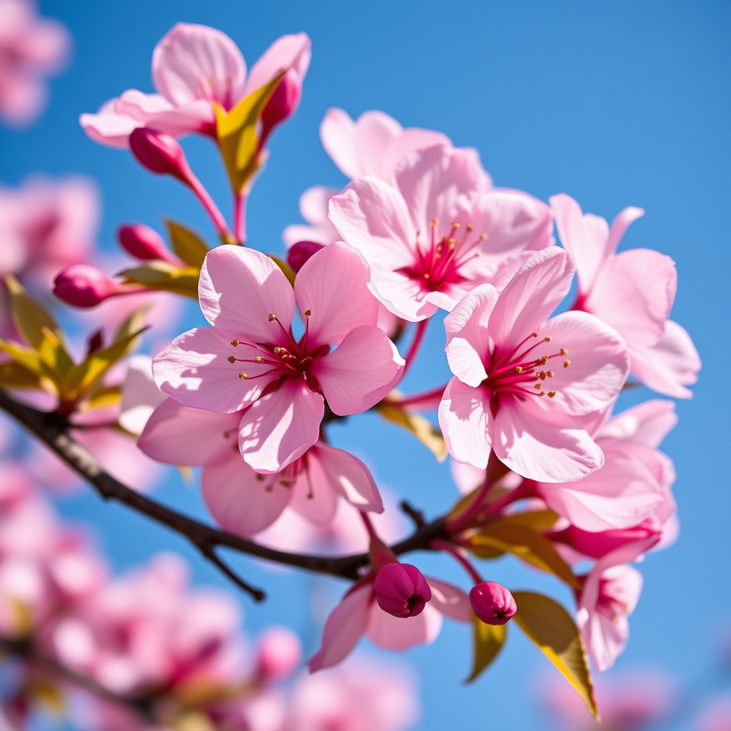 Create a vibrant, high-resolution macro photograph of blooming pink cherry blossoms against a clear blue sky, captured with a Canon EOS R5, 100mm macro lens, f/2.8 aperture, ISO 100, with soft natural lighting to enhance the delicate details of the petals and leaves.