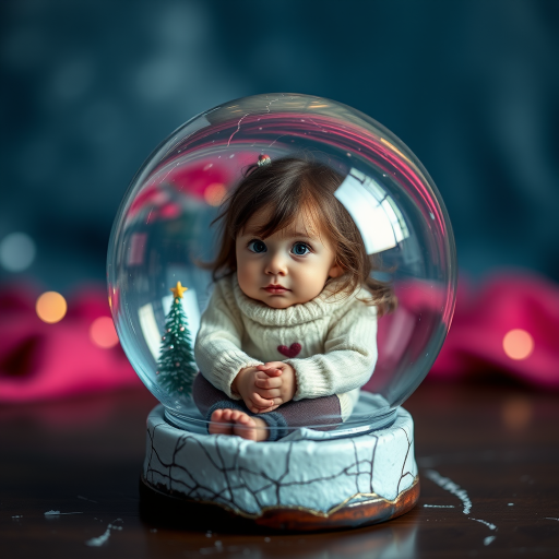 Generate an image of a young girl sitting inside a decorative glass snow globe with a cracked surface, featuring a soft focus background, captured with a 50mm lens at f/1.8, ISO 100, and a shutter speed of 1/200s, using a DSLR in portrait mode to enhance the depth of field and clarity.