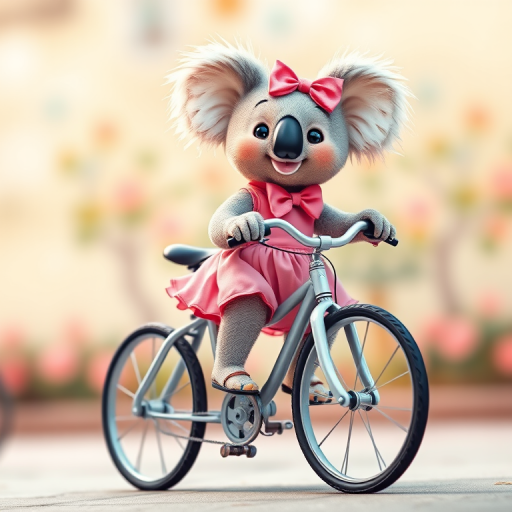 A cute koala wearing a pink dress and bow riding a bicycle, colorful and whimsical style, high resolution, ISO 100, f/5.6, 1/250s, 50mm lens, shot from a low angle to emphasize the character's charm, using a DSLR camera.