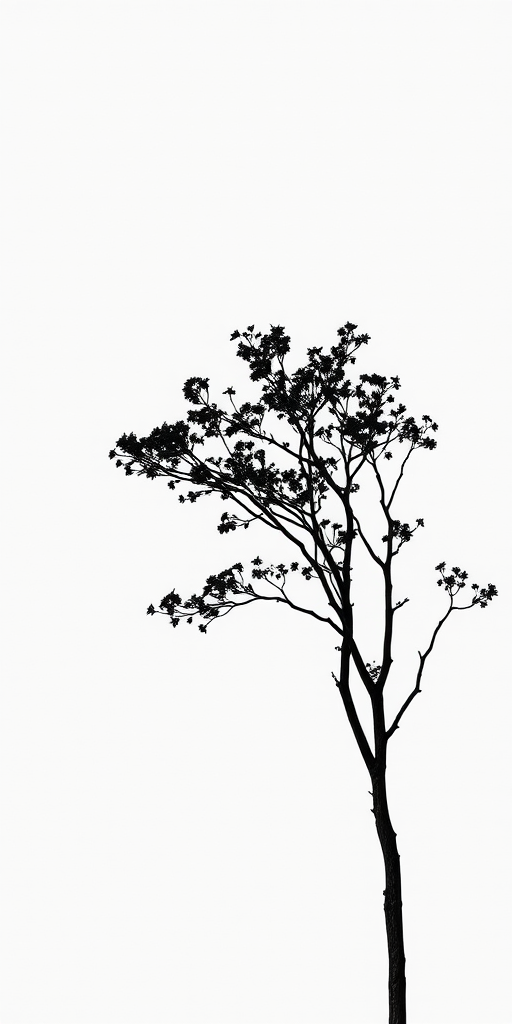 Create a minimalistic black silhouette of a tree against a white background, captured with a Canon EOS R5, 50mm lens, f/1.8 aperture, ISO 100, 1/200 sec shutter speed, using natural lighting and a shallow depth of field.