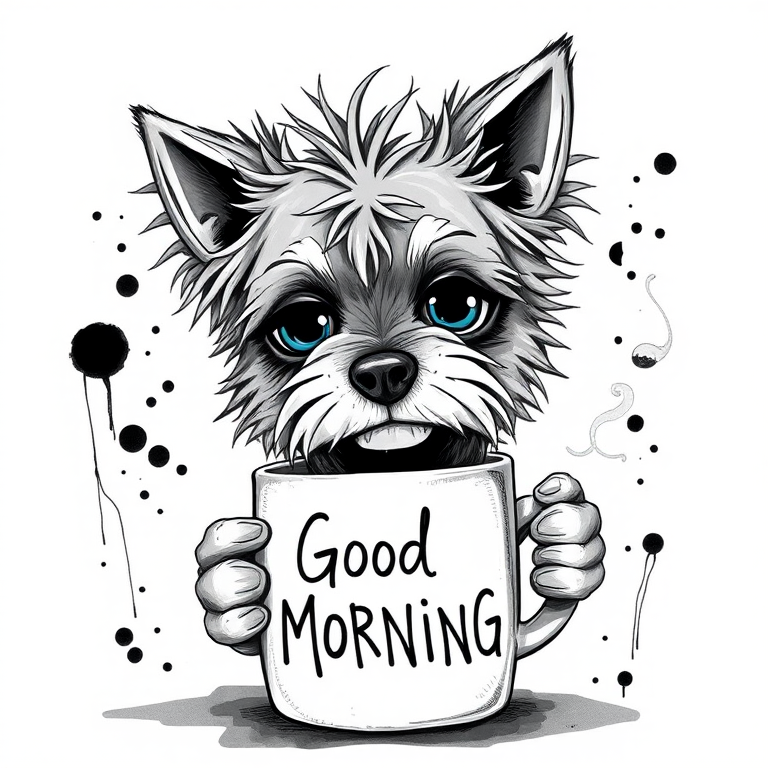 A quirky, artistic illustration of a disheveled chinaranian dog breed with exaggerated, large eyes and spiky fur, holding a coffee mug that reads "Good Morning". The dog has a tired but humorous expression, with ink splatters and abstract details surrounding it, giving a whimsical feel to the image. The color palette is mostly monochrome with hints of blue in the eyes and steam rising from the mug, enhancing the overall sleepy vibe