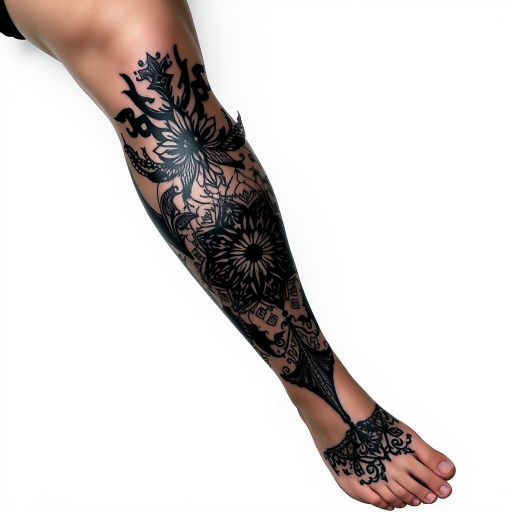 Powerful blackout tattoo covering the entire leg, featuring solid black ink with strategic negative space elements revealing intricate patterns and designs, creating a bold and dramatic visual statement