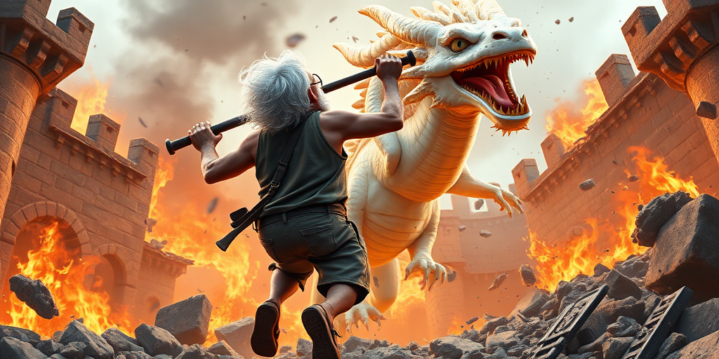 Cartoon 3D High-Resolution,dynamic battle scene using Unreal Engine 5 and Octane Render. The scene features back of an elderly, thai man with a beard,messy hair and round golden-rimmed glasses. He is wearing a tattered tank top with soot marks, shorts, and sandals. sweating. he wields a baseball bat. He jump to fight with a white fire-breathing Europe dragon amidst a partially destroyed stone castle. Include intense flames, smoke, and debris to enhance the dramatic effect.