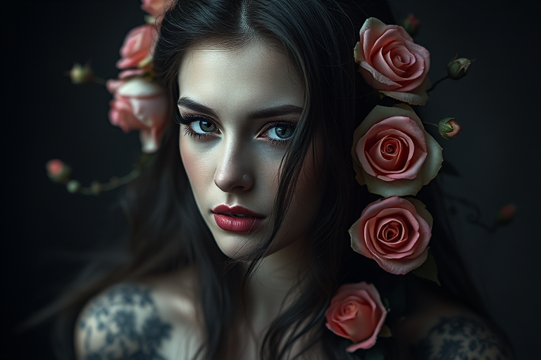 Create a highly detailed portrait of a melancholic woman with dark hair adorned with roses and intricate floral designs around her, using a Canon EOS R5, ISO 100, f/1.8 aperture, 50mm lens, soft natural lighting, and a shallow depth of field to enhance the image quality while capturing the ethereal mood.
