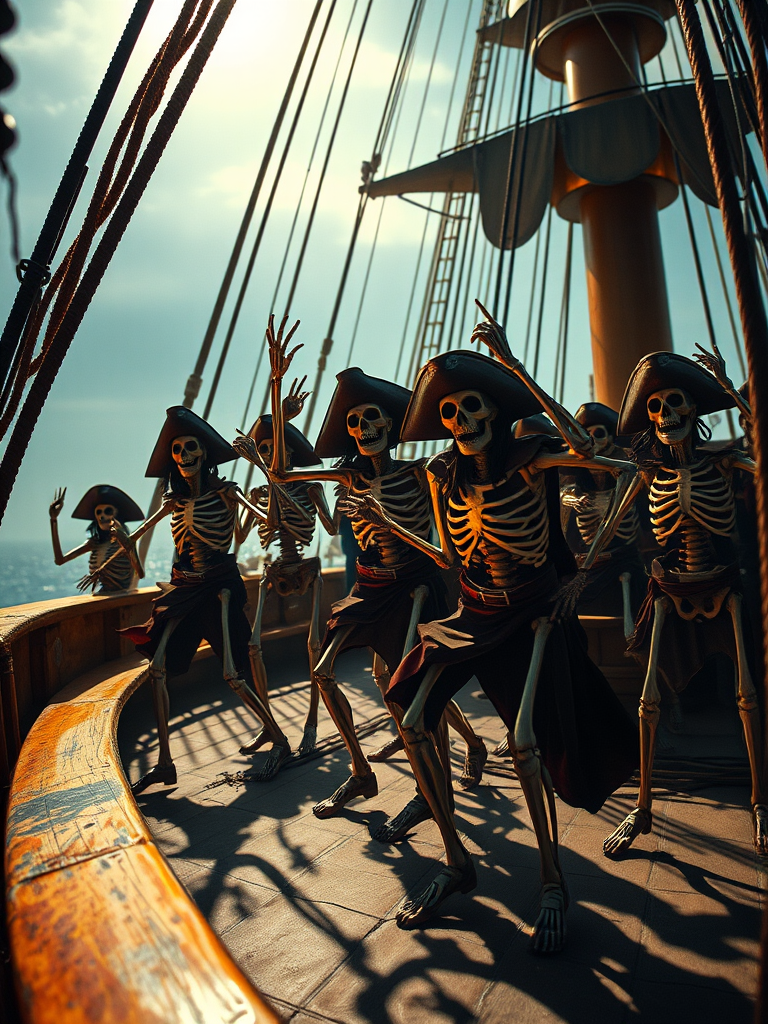 Create a dynamic scene of skeletal pirates celebrating on the deck of a ship, with dramatic lighting and shadows, using a DSLR camera with a 50mm lens, aperture f/1.8, ISO 200, and a low angle perspective to enhance the depth and detail.