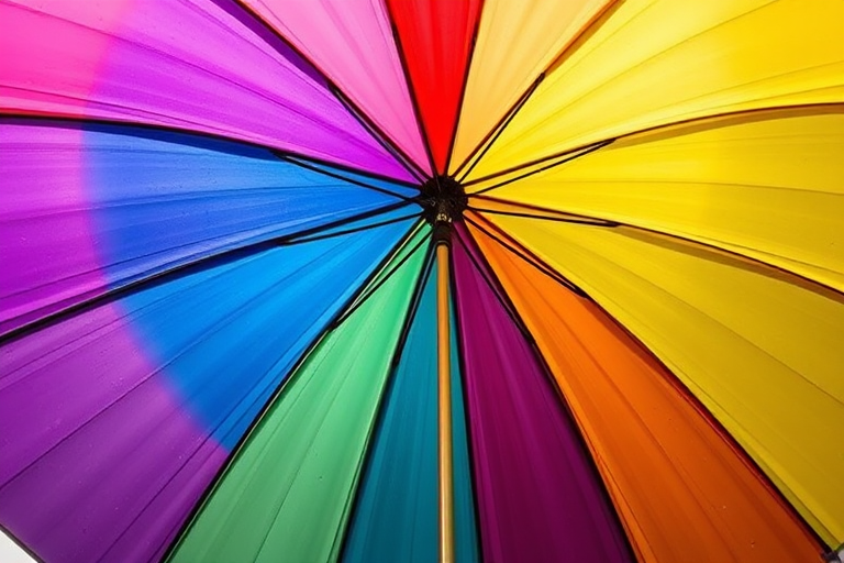 Generate an image of a vibrant rainbow umbrella with a smooth gradient texture and clean lines, captured with a Canon EOS R5 at f/2.8, ISO 100, 1/200s, top-down view, using natural light for enhanced colors and details.