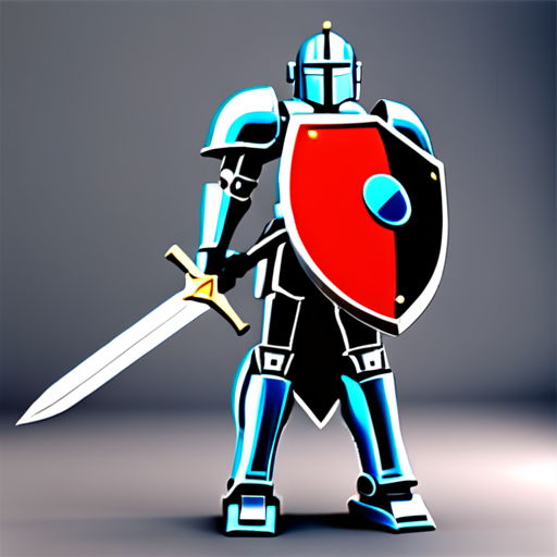 humanoid robot with spartan sword and shield