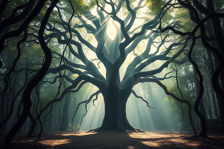 Create an image of a majestic tree in a mystical forest clearing surrounded by twisting vines and soft ethereal light, captured with a DSLR camera at f/2.8, 50mm focal length, ISO 100, using a wide-angle shot to emphasize depth and enhance surreal lighting effects.