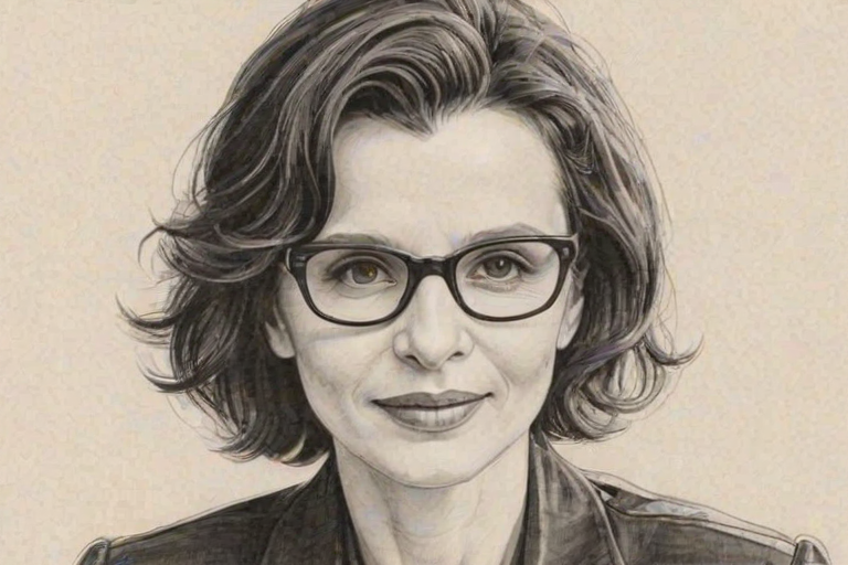 Sublime Juliette Binoche, pencil sketch, portrait of Radiant woman 1943s in glasses, hair style beatnik, outline, clear lines, fine lines, 8k
