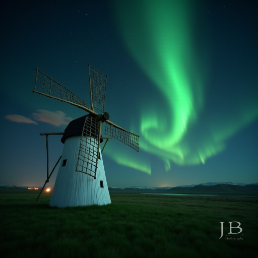 An ultra-realistic and highly detailed 4d, uhd photograph capturing a white windmill with wooden blades located in a green field. The night sky in the background is illuminated by an aurora borealis, which displays vibrant colors of green and red, blending together in a magical way and spreading across the firmament dotted with stars. The aurora borealis creates an impressive and dazzling visual effect, standing out against the dark sky. In the bottom right-hand corner of the image is a logo with the letters 'JB' and the word 'Photography'. The composition of the image combines the traditional element of the windmill with the extraordinary natural phenomenon of the Northern Lights, creating a unique and breathtaking scene.