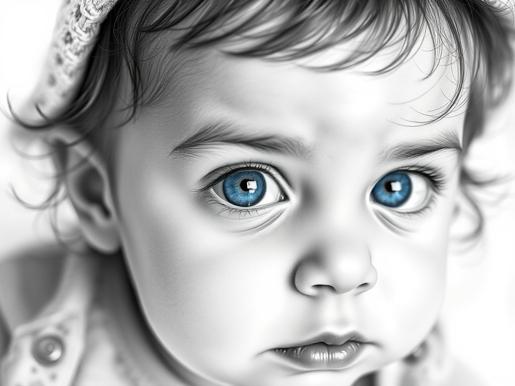 A hyperdetailed photorealistic black and white sketch of a beautiful toddler with deep blue eyes, with a macro focus