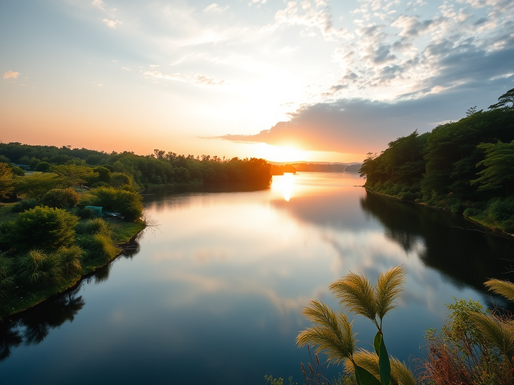 Generate a high-resolution image of a serene landscape featuring a tranquil lake and lush greenery during golden hour, captured with a Canon EOS R5 at f/8, ISO 100, shutter speed 1/200s, using a wide-angle lens from a low angle perspective for depth.