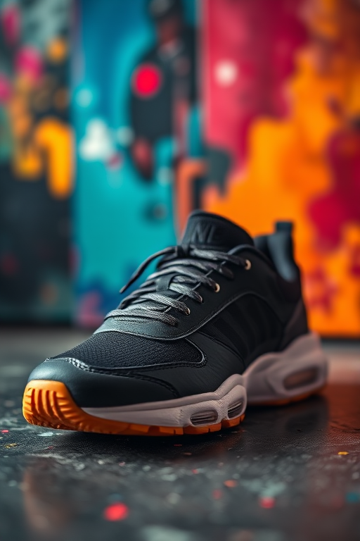 Create a high-resolution image of a stylish sneaker with a colorful abstract background, captured with a DSLR camera at f/2.8 aperture, 50mm lens, ISO 100, 1/200 shutter speed, in a soft focus style to enhance details and colors.